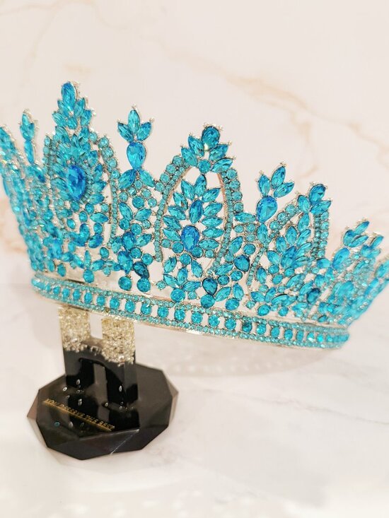 Silver Tiara Crown, ocean blue crystal crown, Royal Queen Tiara, pageant crown main image 8